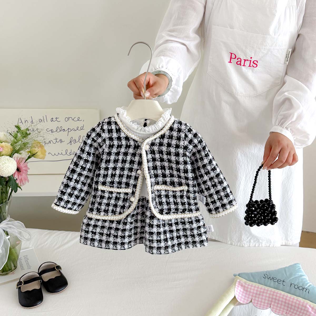 Sewing Tweed - Setelan Dua Potong Tweed Kotak-kotak Hitam